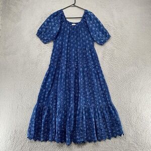Trade Cloth Dress Womens Small Blue Floral Puff Sleeve Maxi Cotton Boho Empire